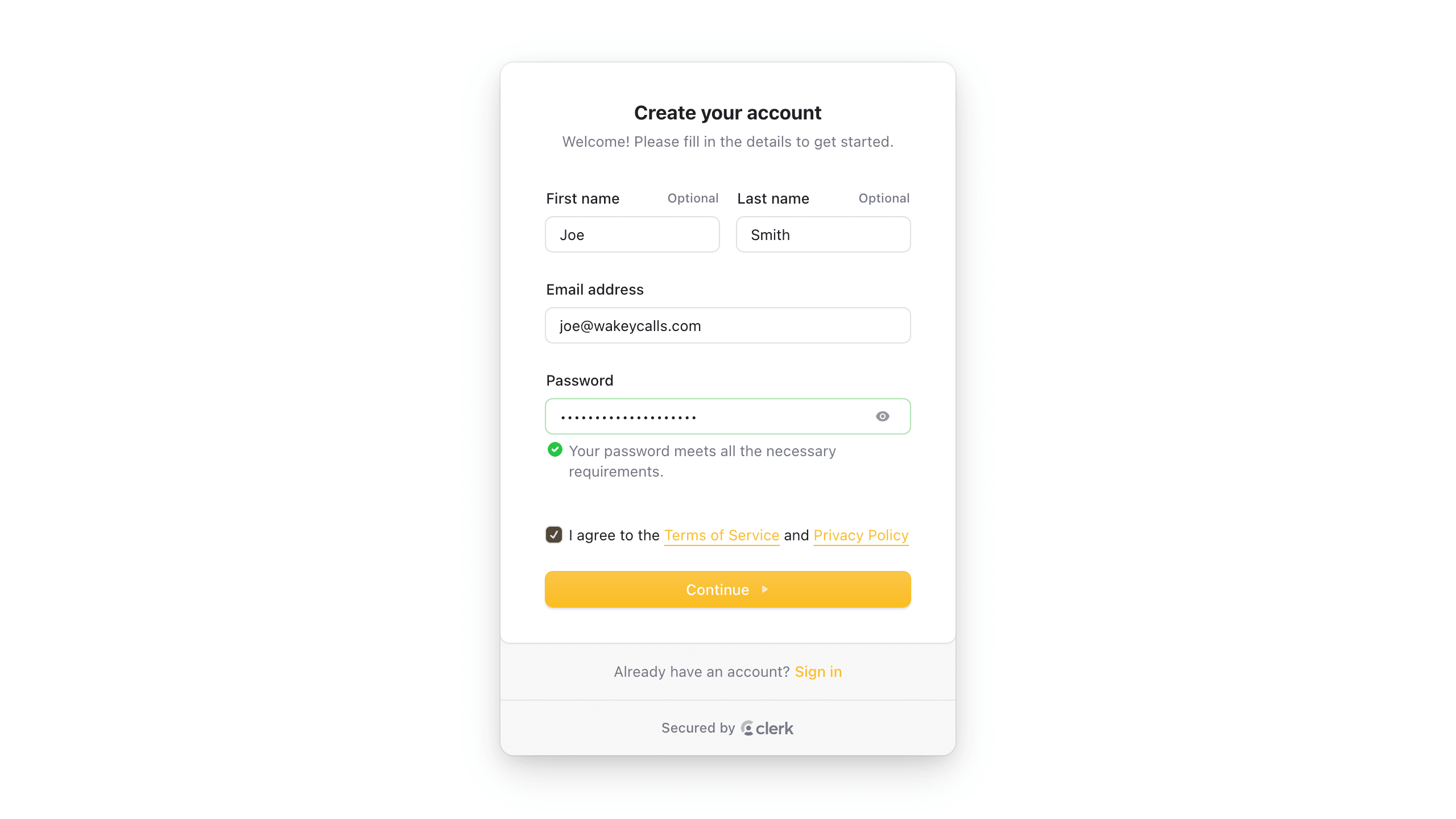 Create account screen