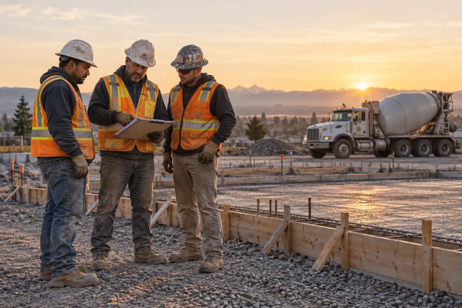 Concrete crew planning an early pour beside a ready-mix truck