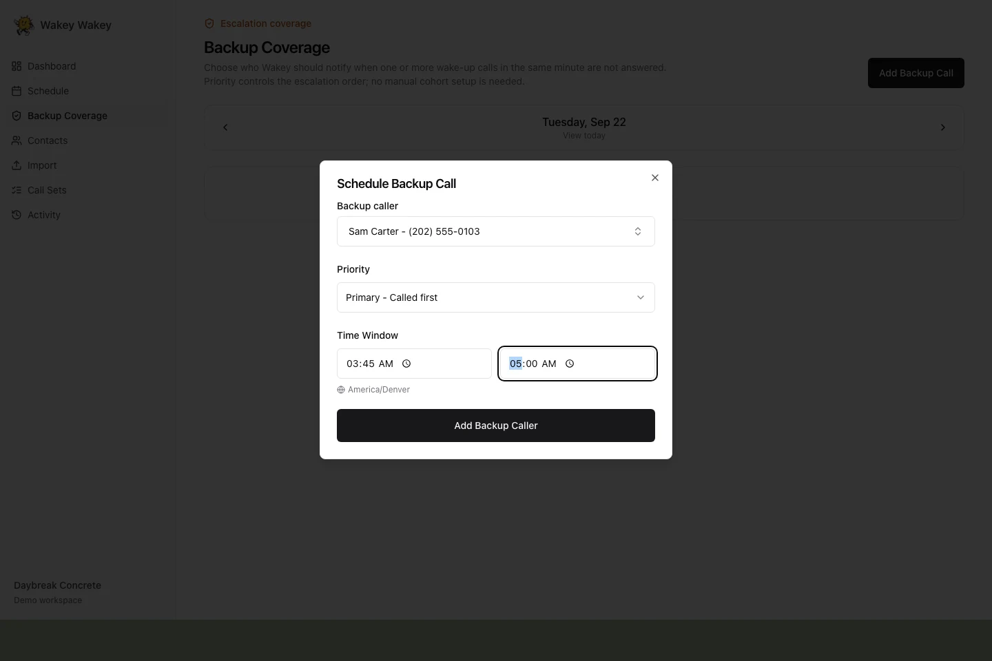 Wakey backup screen with fictional crew details
