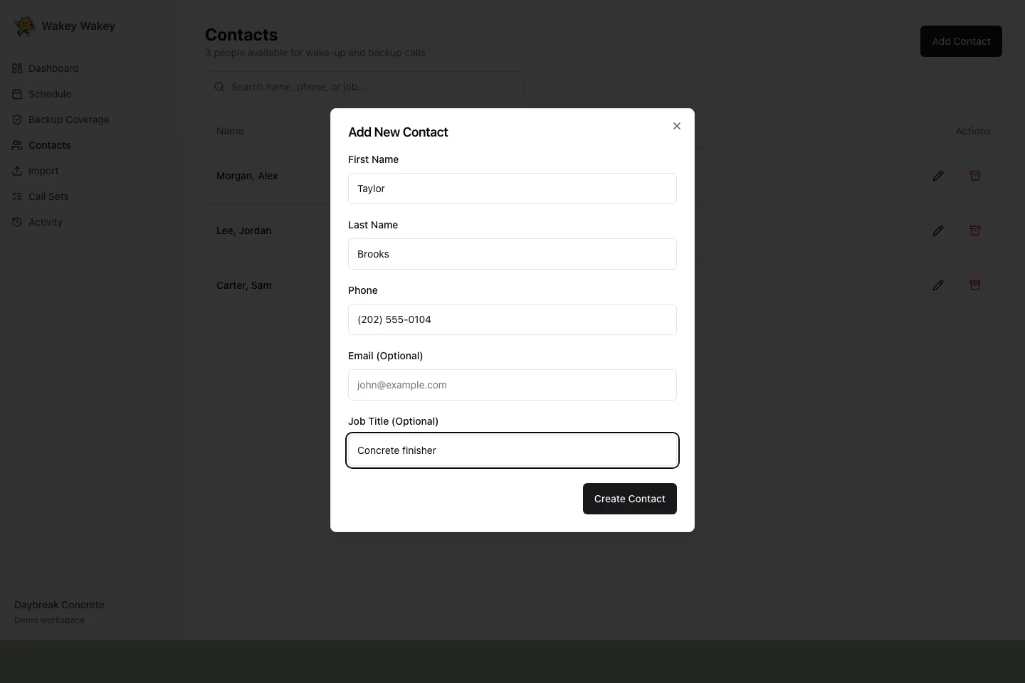 Wakey contacts screen with fictional crew details